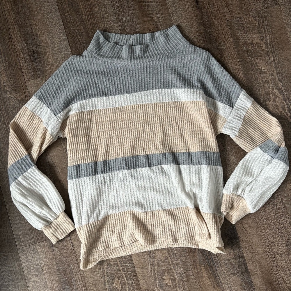 BKE || Gray and Beige Striped Turtleneck Waffle Top